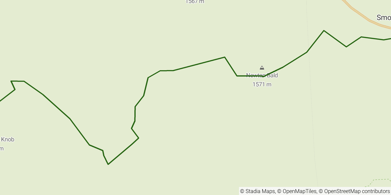 Route map of the Benton MacKaye Trail — Section 23: Noland Divide Trail junction to Smokemont Campground on OpenStreetMap terrain