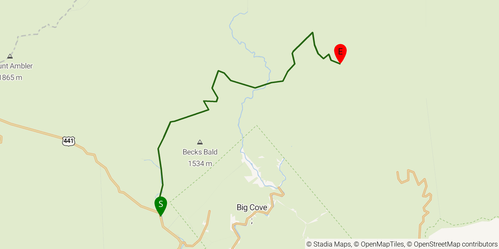 Route map of the Benton MacKaye Trail — Section 24: Smokemont Campground to Straight Fork Road on OpenStreetMap terrain