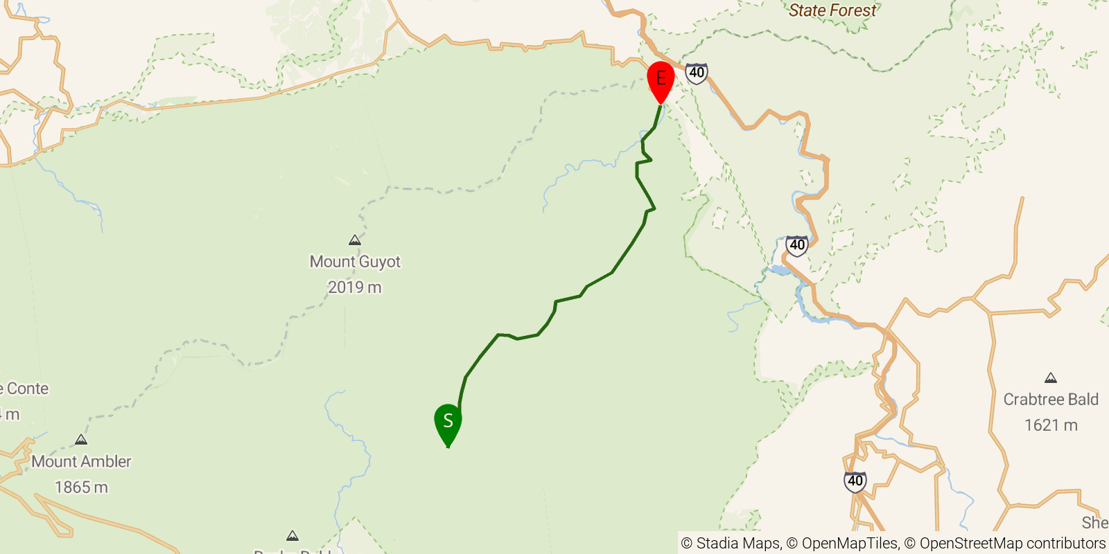 Route map of the Benton MacKaye Trail — Section 25: Straight Fork Road to Big Creek on OpenStreetMap terrain