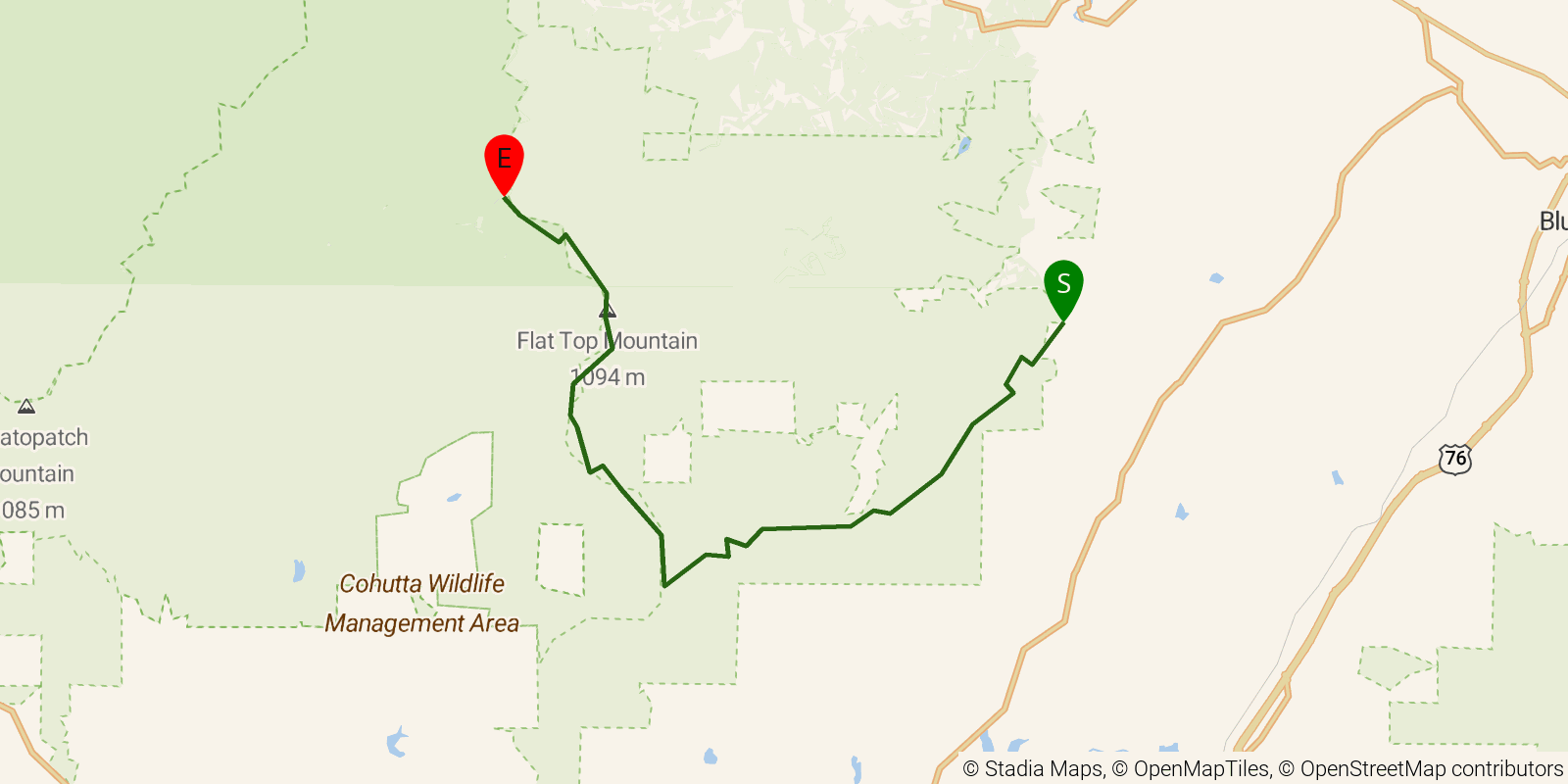 Route map of the Benton MacKaye Trail — Section 8: Bushy Head Gap to Dyer Gap on OpenStreetMap terrain