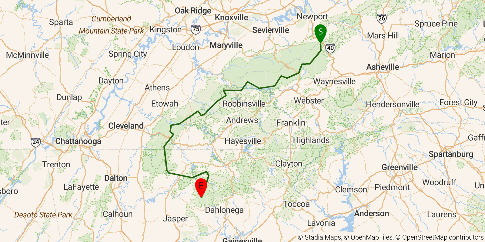 Route map of the Benton MacKaye Trail on OpenStreetMap terrain