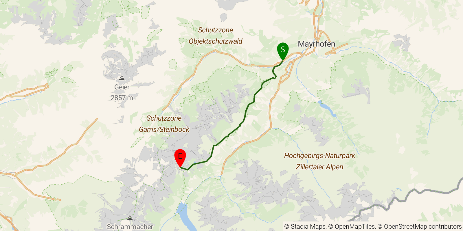 Route map of the Berliner Höhenweg — Stages 1–2: Finkenberg to Friesenberghaus on OpenStreetMap terrain