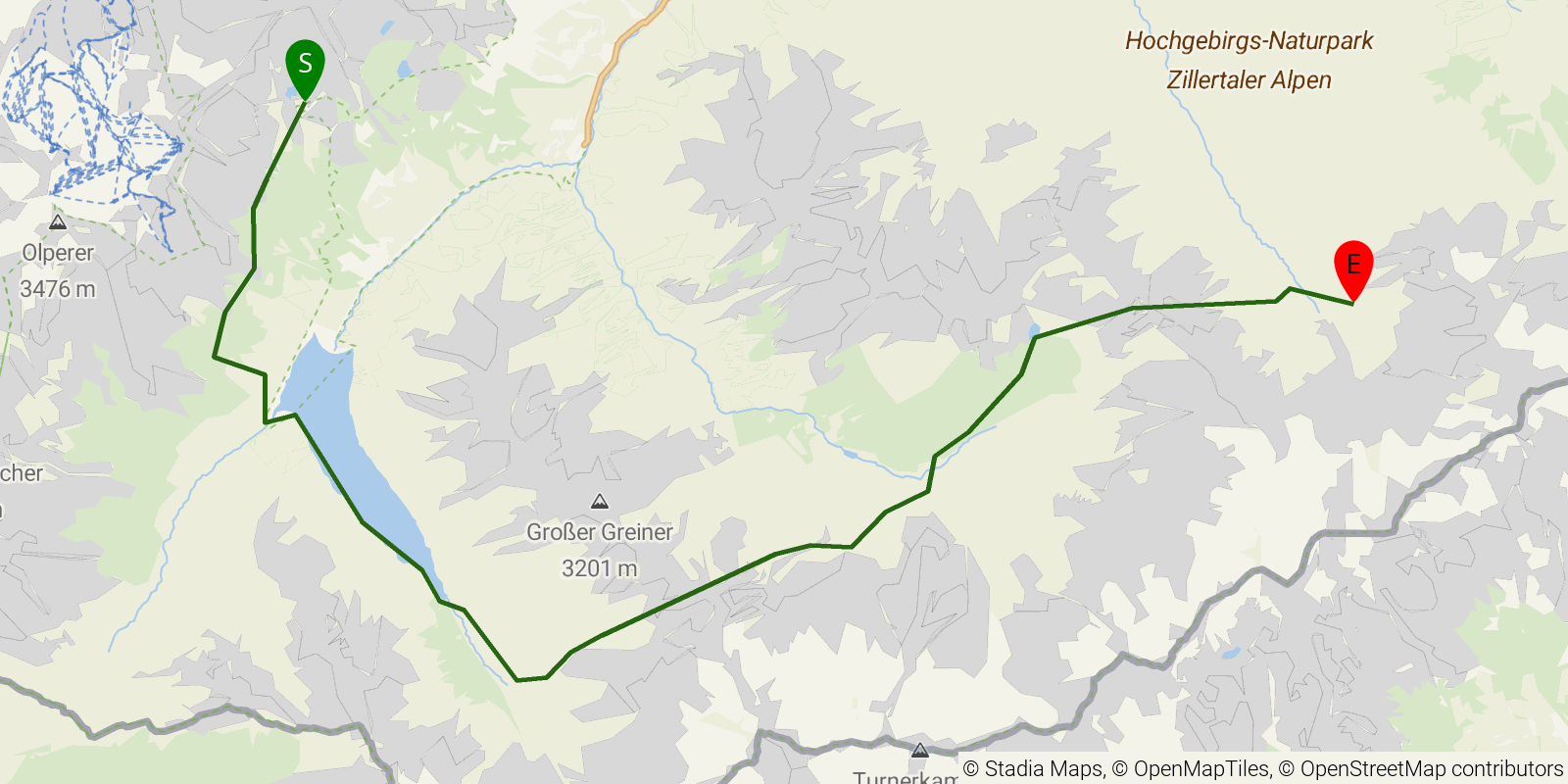 Route map of the Berliner Höhenweg — Stages 3–5: Friesenberghaus to Greizer Hütte on OpenStreetMap terrain