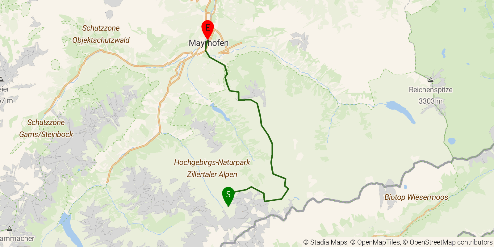 Route map of the Berliner Höhenweg — Stages 6–8: Greizer Hütte to Mayrhofen on OpenStreetMap terrain