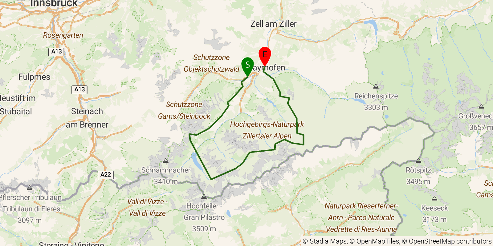 Route map of the Berliner Höhenweg on OpenStreetMap terrain