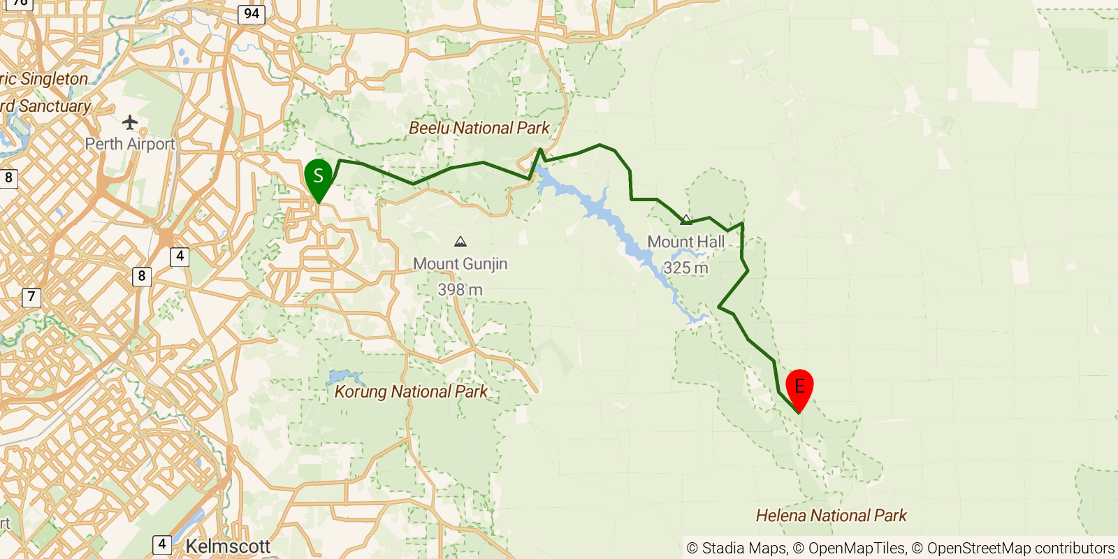 Route map of the Bibbulmun Track — Section 1: Kalamunda to Beraking Campsite on OpenStreetMap terrain