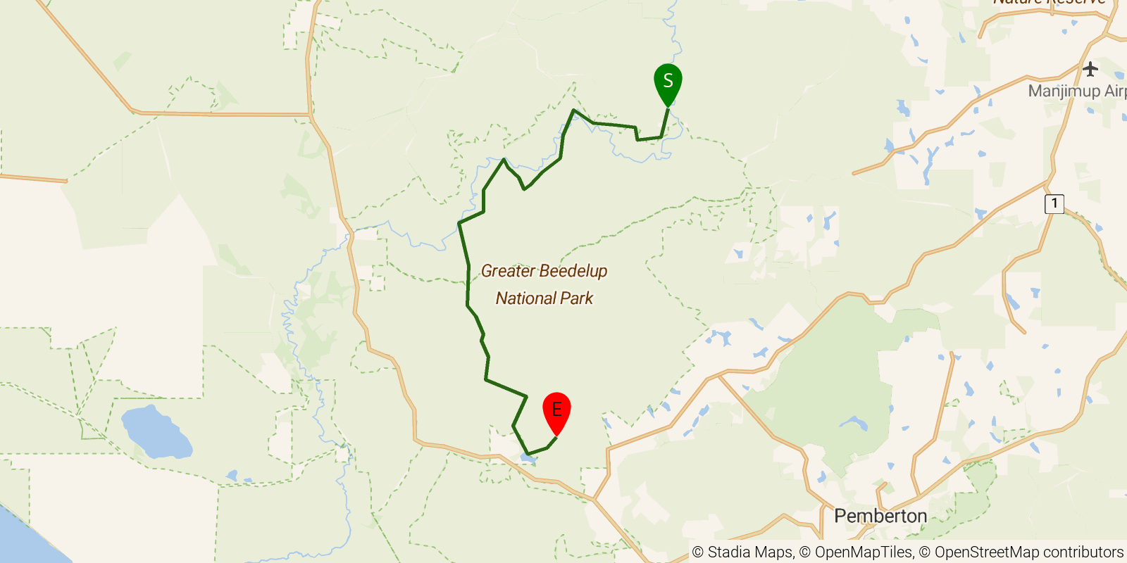 Route map of the Bibbulmun Track — Section 10: Boarding House Campsite to Beedelup Campsite on OpenStreetMap terrain