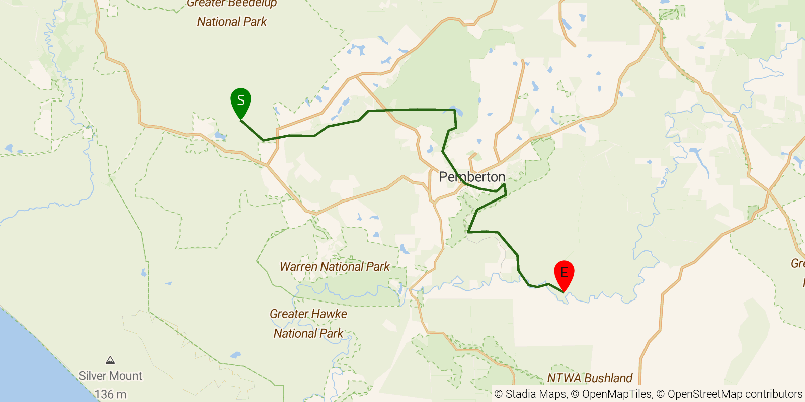 Route map of the Bibbulmun Track — Section 11: Beedelup Campsite to Warren Campsite on OpenStreetMap terrain