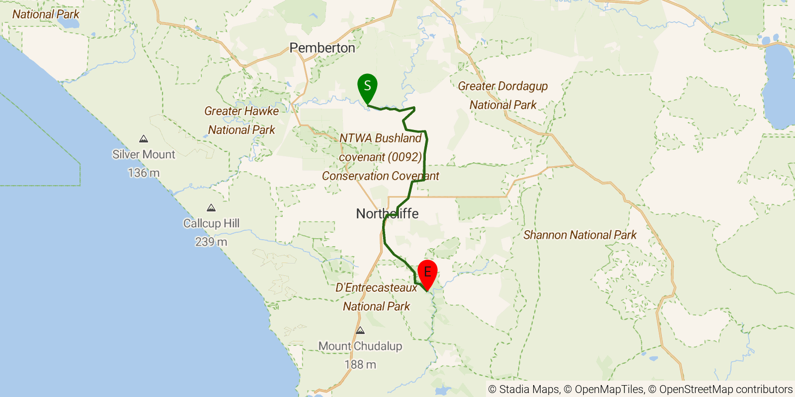 Route map of the Bibbulmun Track — Section 12: Warren Campsite to Gardner Campsite on OpenStreetMap terrain