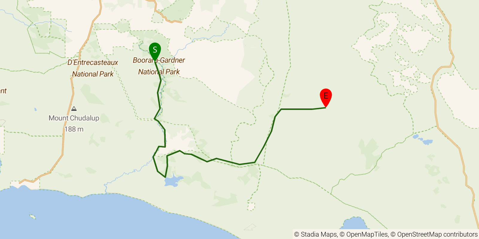 Route map of the Bibbulmun Track — Section 13: Gardner Campsite to Dog Pool Campsite on OpenStreetMap terrain