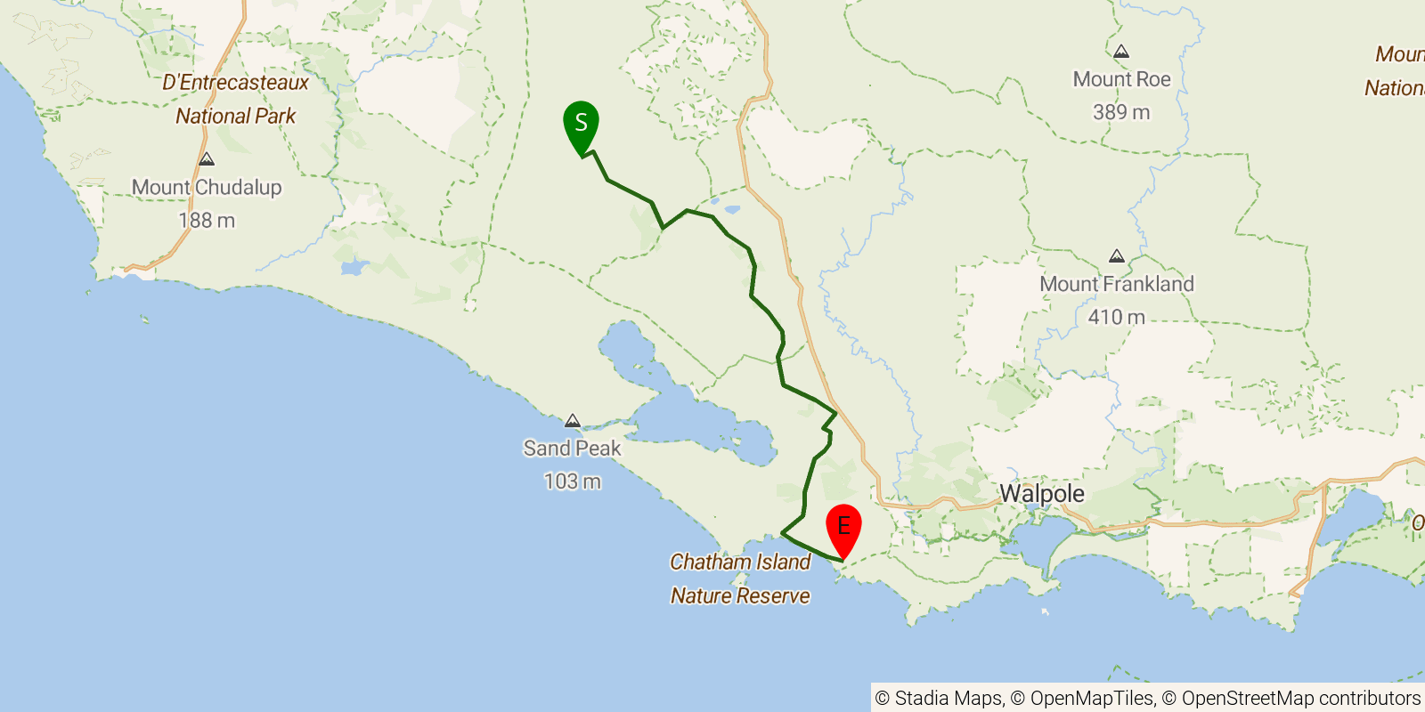 Route map of the Bibbulmun Track — Section 14: Dog Pool Campsite to Long Point Campsite on OpenStreetMap terrain