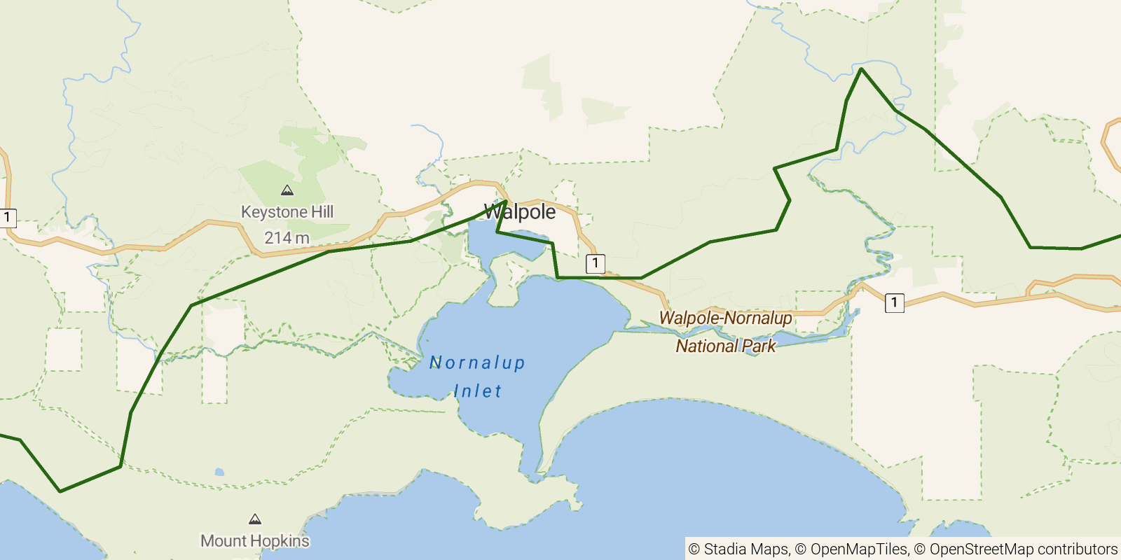 Route map of the Bibbulmun Track — Section 15: Long Point Campsite to Giants Campsite on OpenStreetMap terrain
