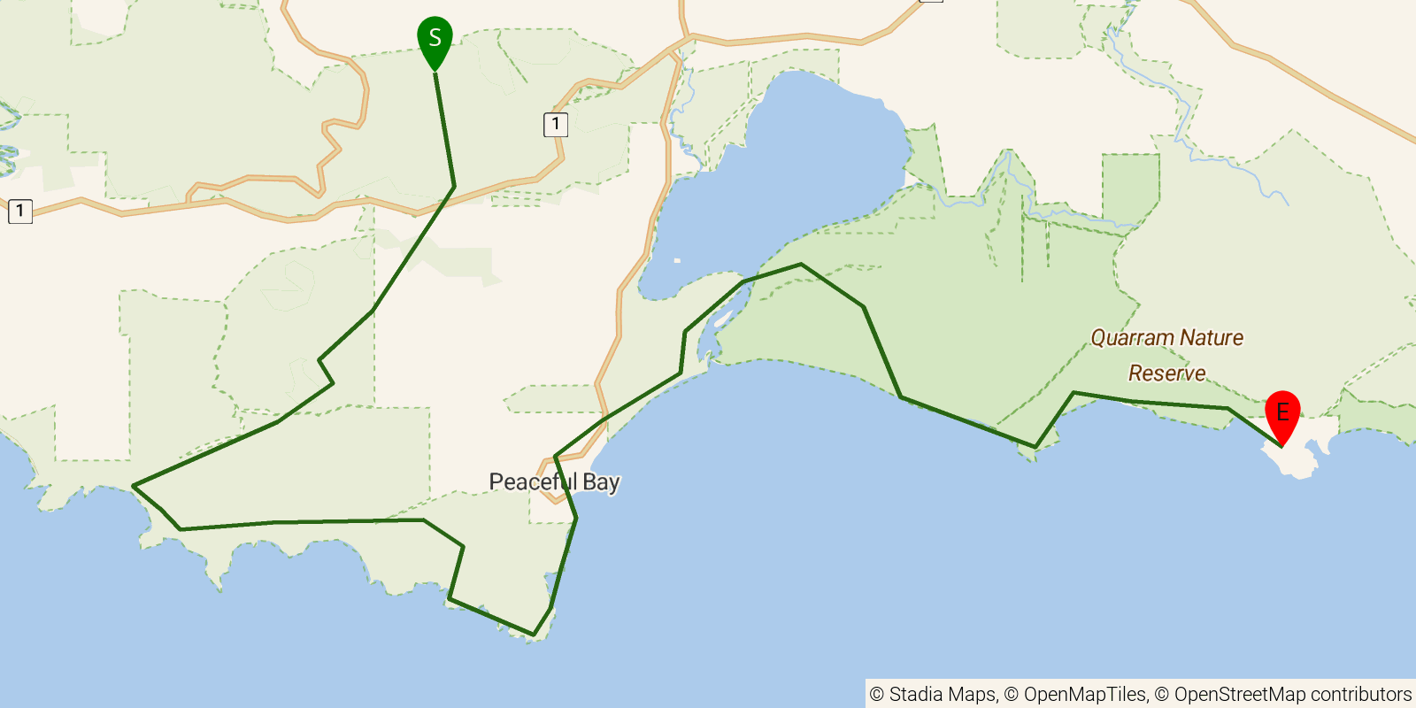 Route map of the Bibbulmun Track — Section 16: Giants Campsite to Boat Harbour Campsite on OpenStreetMap terrain