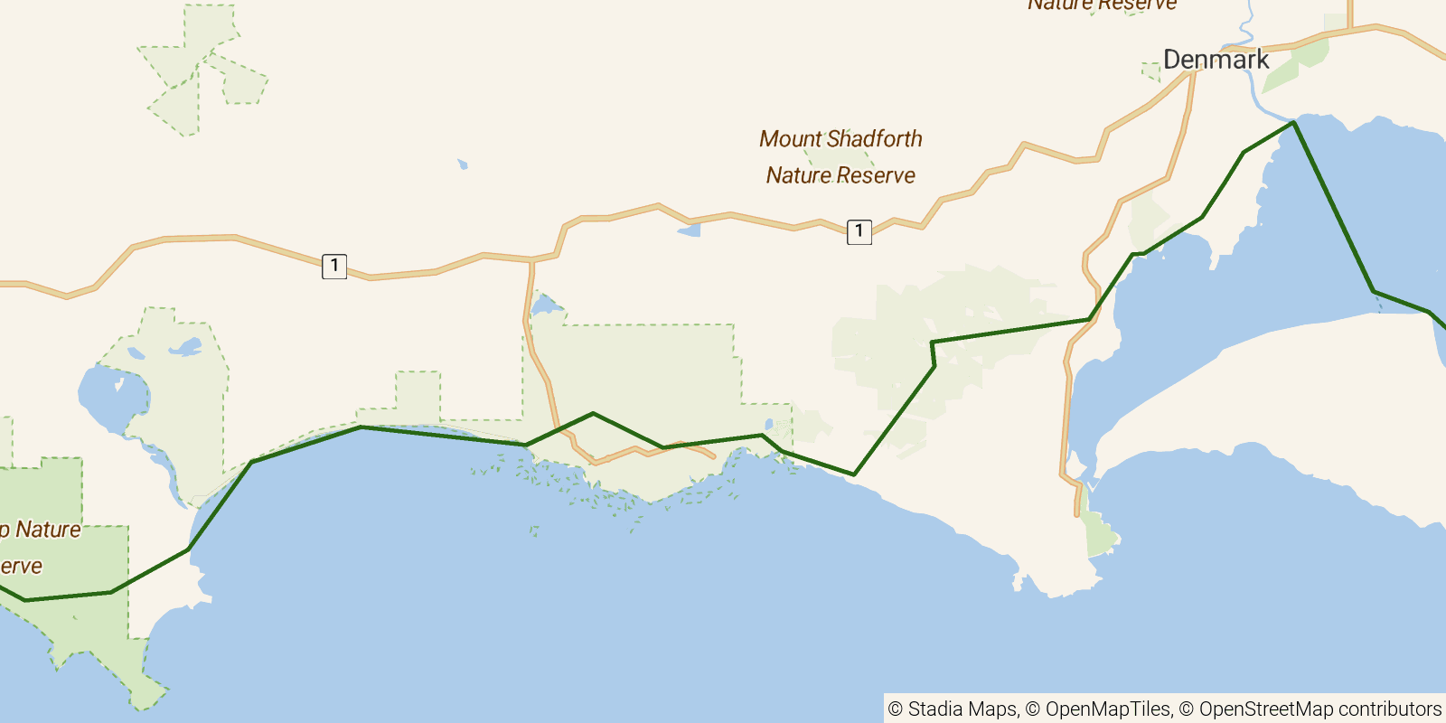 Route map of the Bibbulmun Track — Section 17: Boat Harbour Campsite to Nullaki Campsite on OpenStreetMap terrain