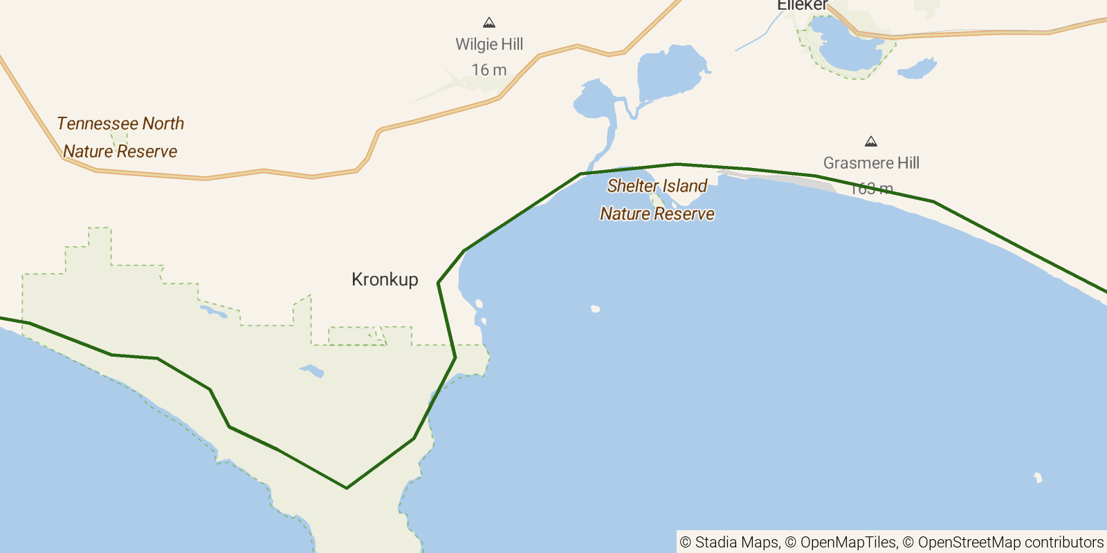 Route map of the Bibbulmun Track — Section 18: Nullaki Campsite to Albany on OpenStreetMap terrain