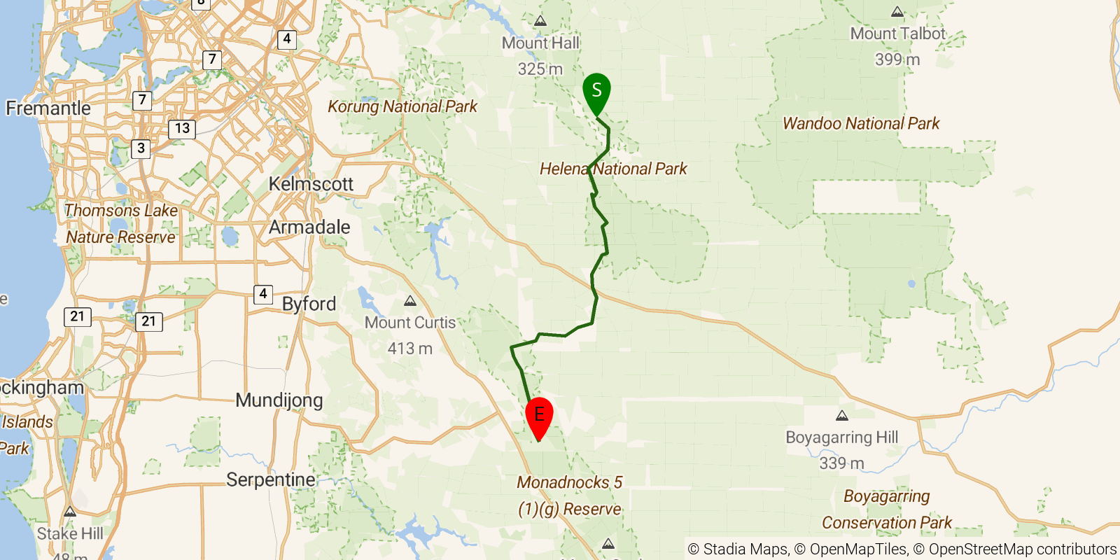Route map of the Bibbulmun Track — Section 2: Beraking Campsite to Alyi-wa Miya Group Campsite on OpenStreetMap terrain