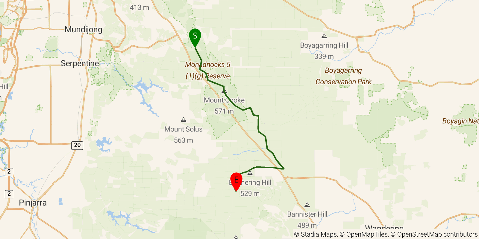 Route map of the Bibbulmun Track — Section 3: Alyi-wa Miya Group Campsite to White Horse Hills Campsite on OpenStreetMap terrain