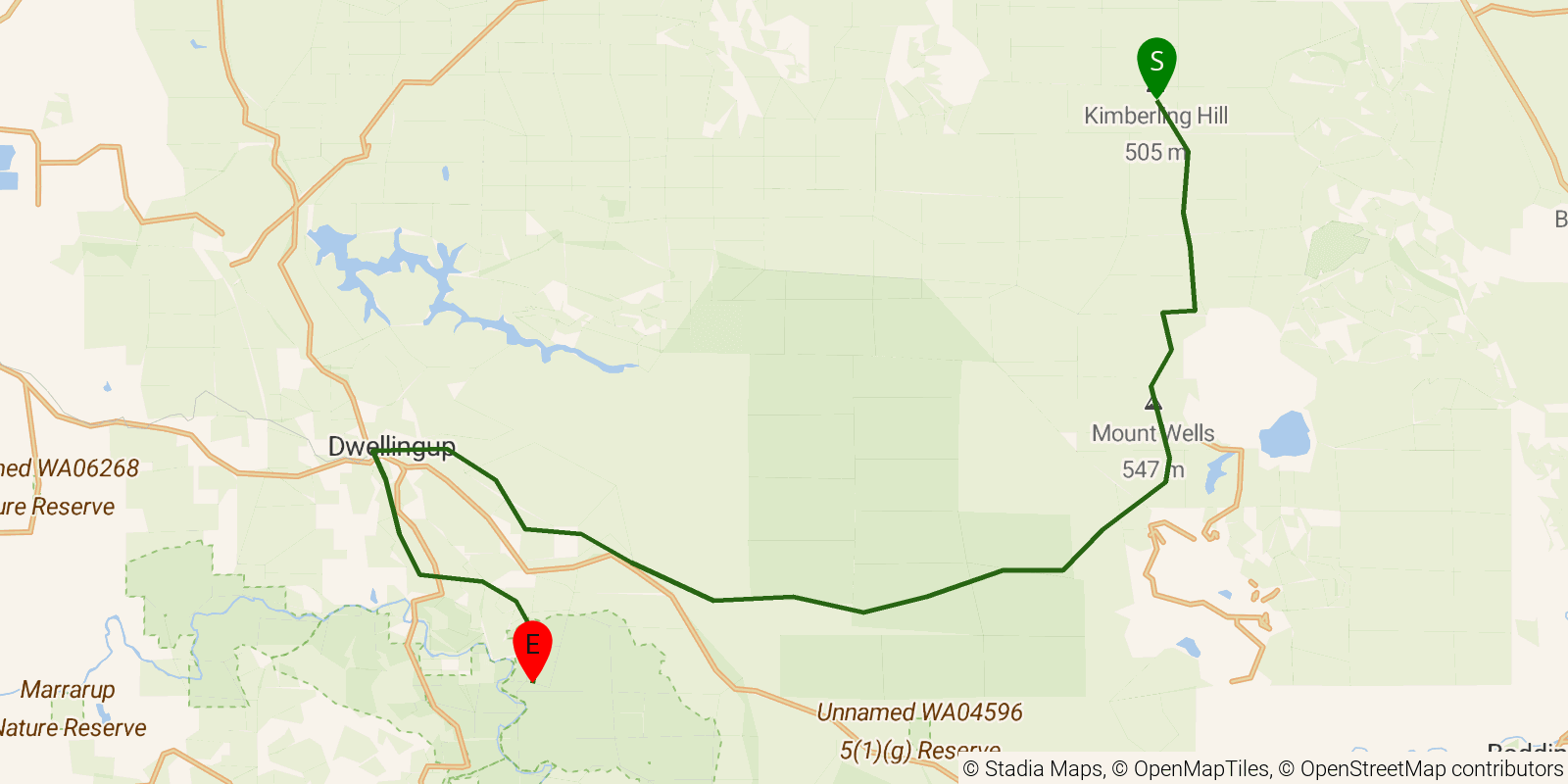 Route map of the Bibbulmun Track — Section 4: White Horse Hills Campsite to Swamp Oak Campsite on OpenStreetMap terrain