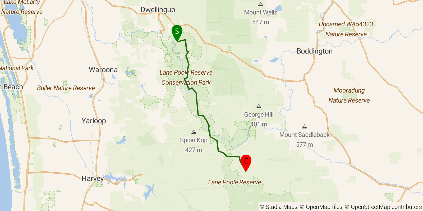 Route map of the Bibbulmun Track — Section 5: Swamp Oak Campsite to Possum Springs Campsite on OpenStreetMap terrain