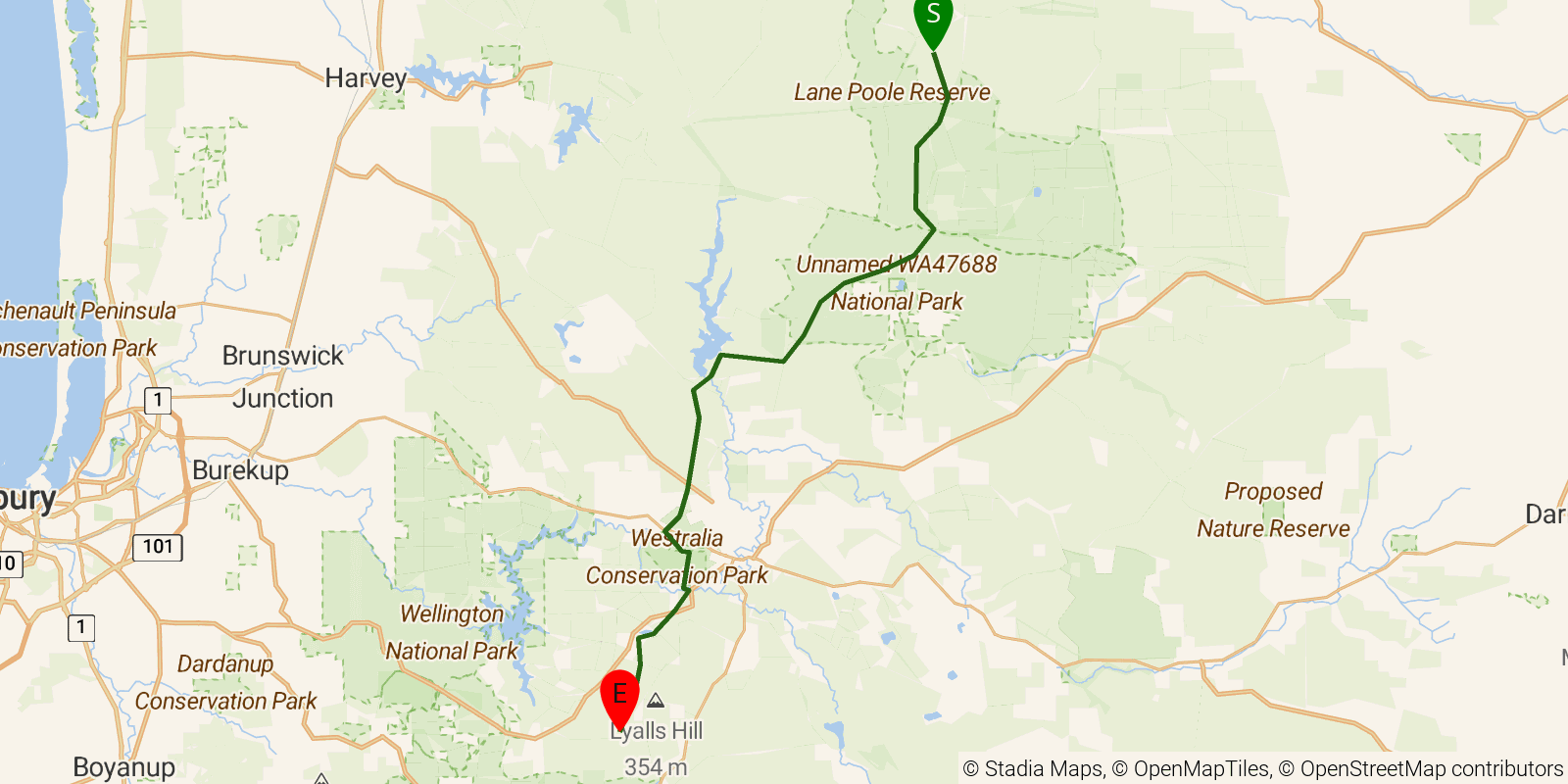 Route map of the Bibbulmun Track — Section 6: Possum Springs Campsite to Lyall’s Mill Group Campsite on OpenStreetMap terrain