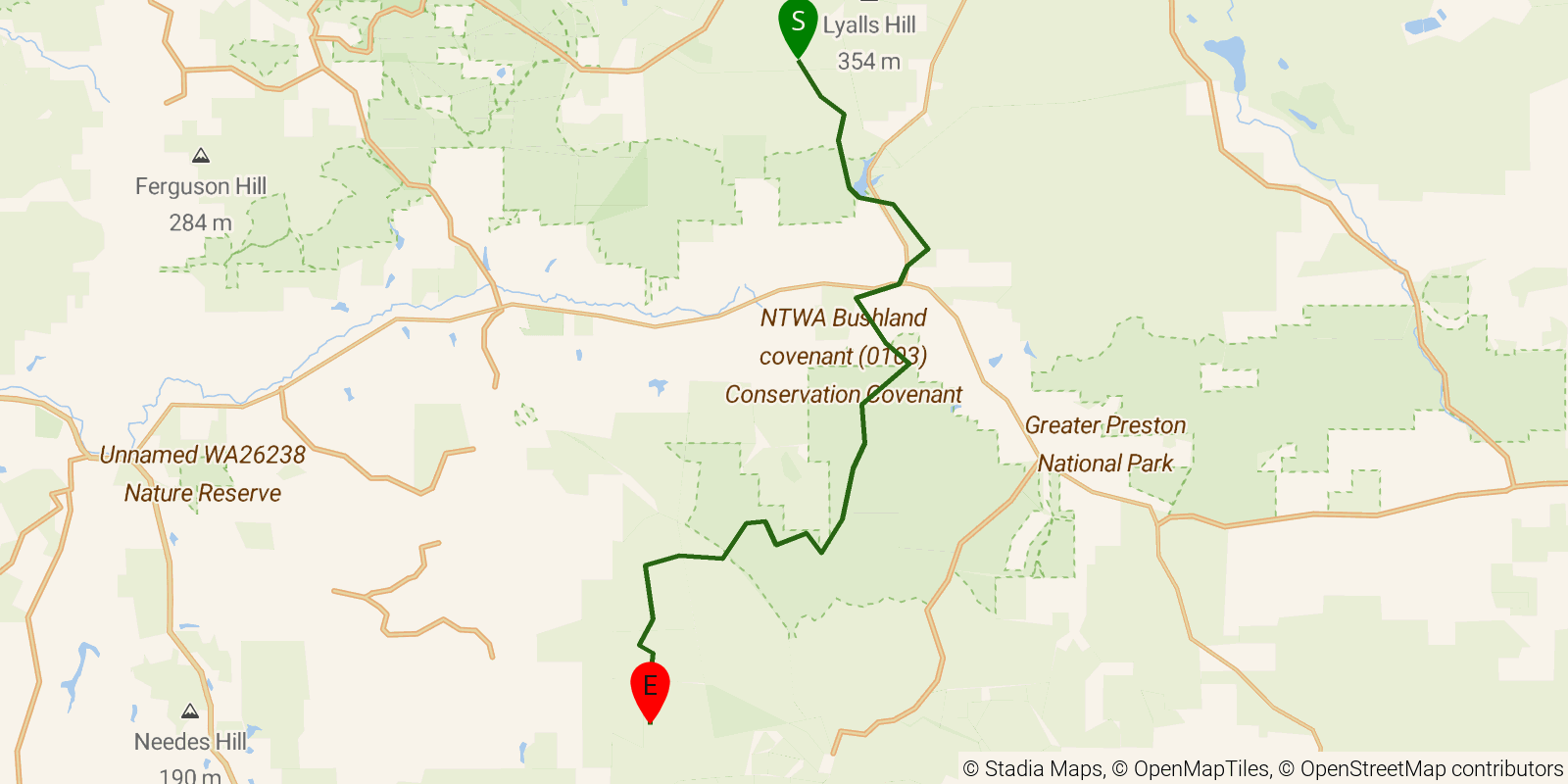 Route map of the Bibbulmun Track — Section 7: Lyall’s Mill Group Campsite to Grimwade Campsite on OpenStreetMap terrain
