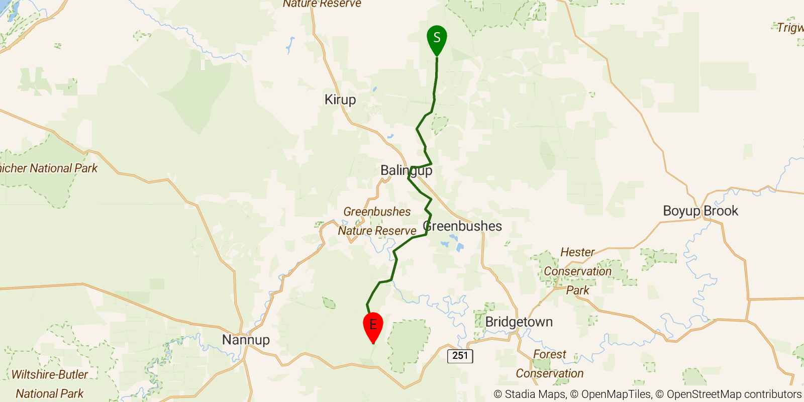 Route map of the Bibbulmun Track — Section 8: Grimwade Campsite to Gregory Brook Campsite on OpenStreetMap terrain