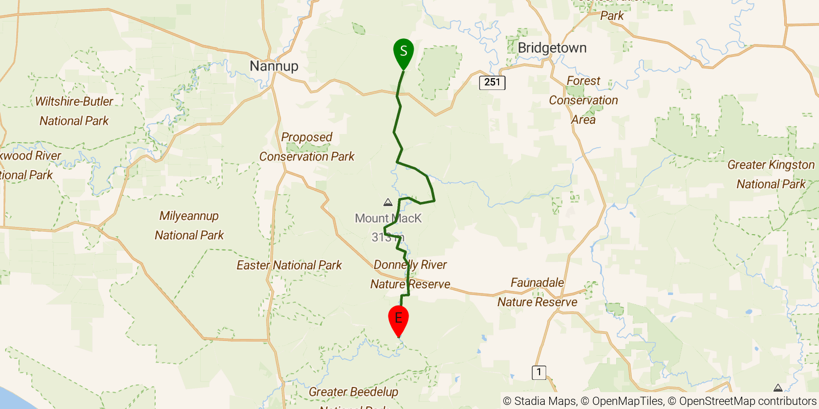 Route map of the Bibbulmun Track — Section 9: Gregory Brook Campsite to Boarding House Campsite on OpenStreetMap terrain