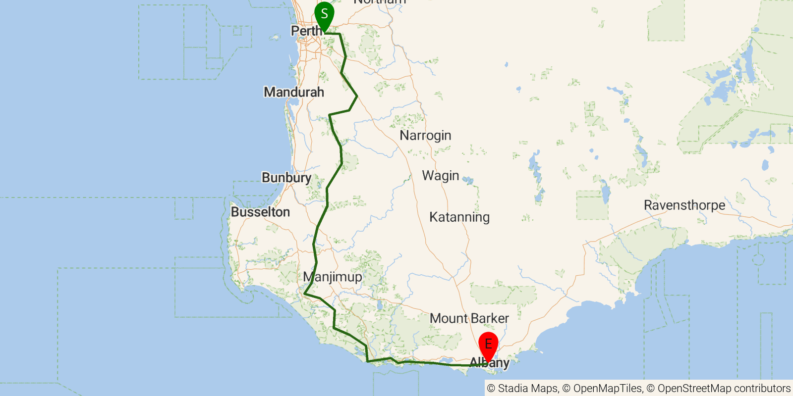 Route map of the Bibbulmun Track on OpenStreetMap terrain