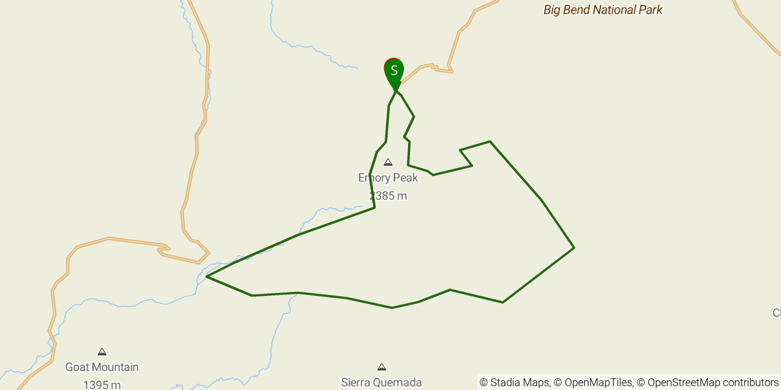 Route map of the Big Bend Outer Mountain Loop on OpenStreetMap terrain