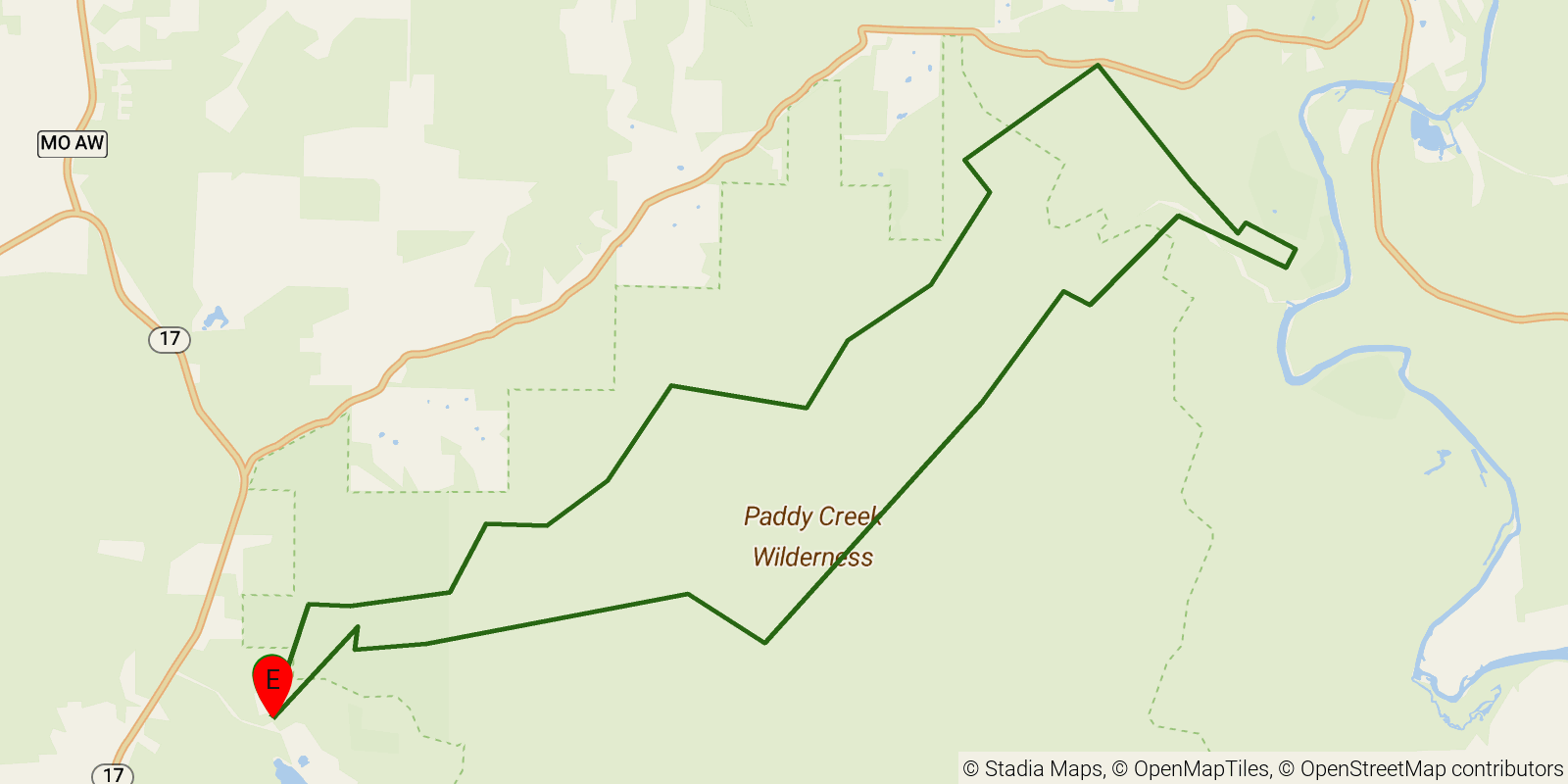Route map of the Big Piney Trail on OpenStreetMap terrain