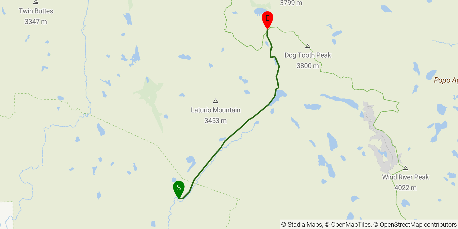 Route map of the Cirque of the Towers via Big Sandy Trail on OpenStreetMap terrain
