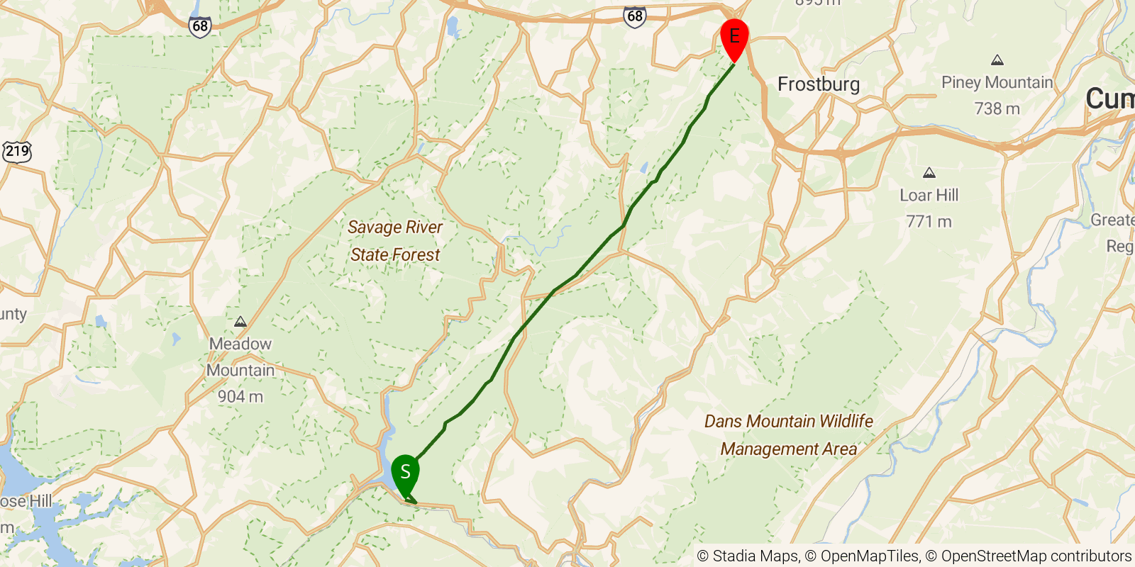 Route map of the Big Savage Mountain Trail on OpenStreetMap terrain