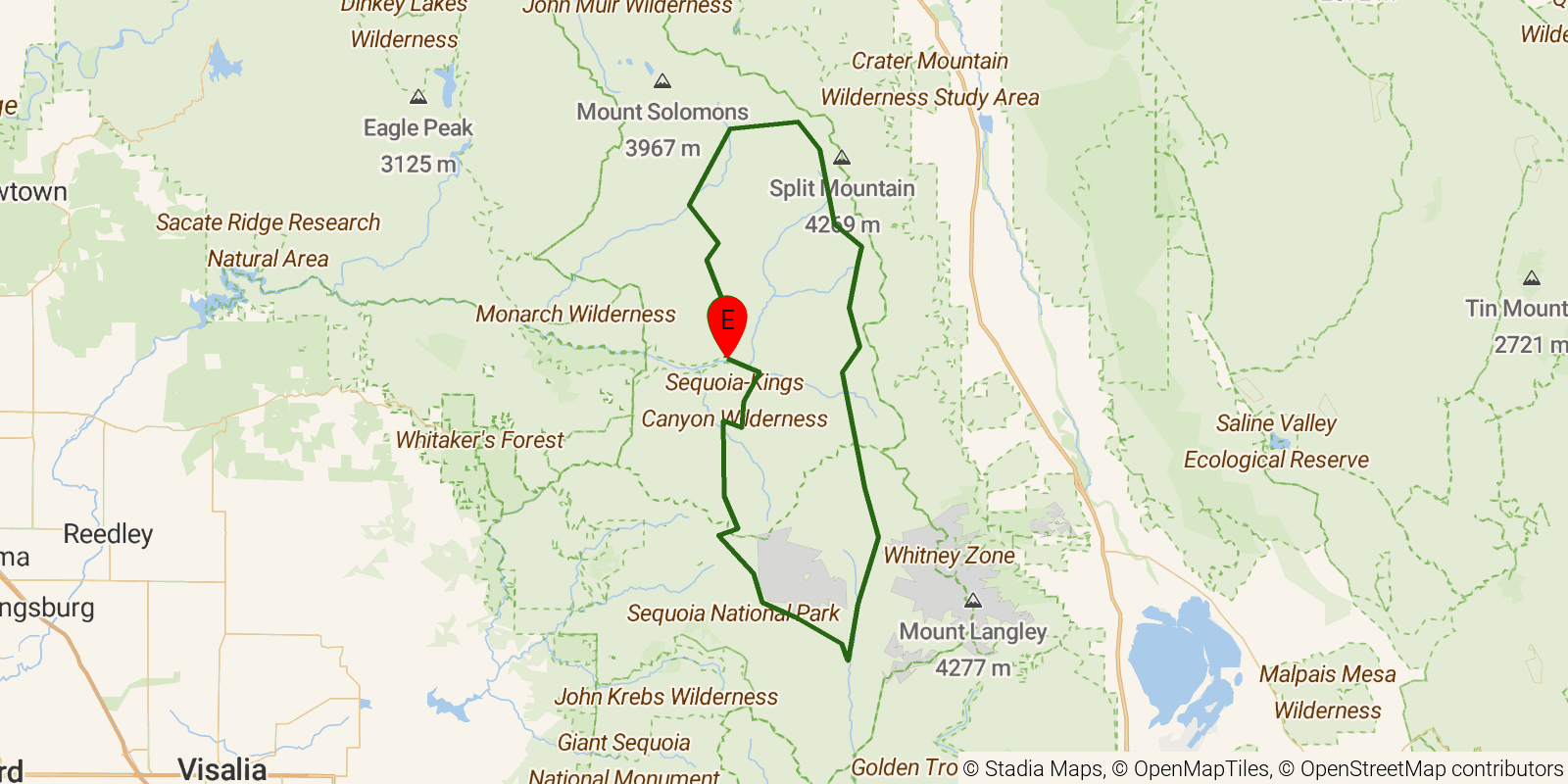 Route map of the Big SEKI Loop on OpenStreetMap terrain