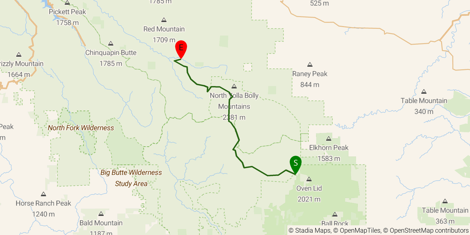 Route map of the Bigfoot Trail — Region 1: Yolla Bolly-Middle Eel on OpenStreetMap terrain