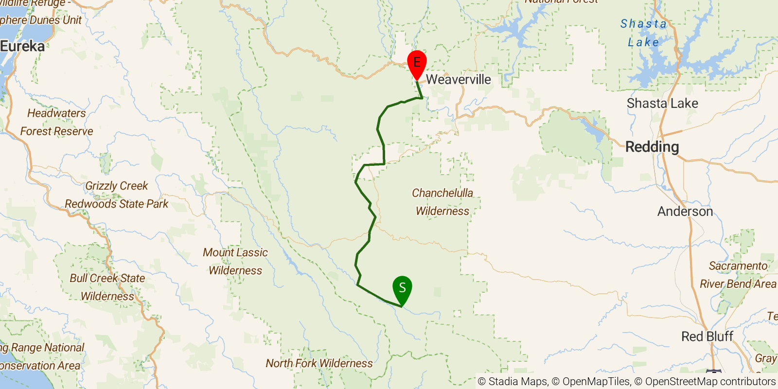 Route map of the Bigfoot Trail — Region 2: Trinity River on OpenStreetMap terrain