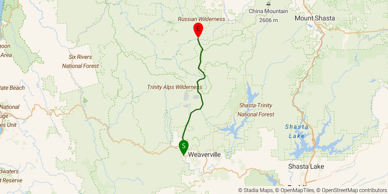 Route map of the Bigfoot Trail — Region 3: Trinity Alps on OpenStreetMap terrain