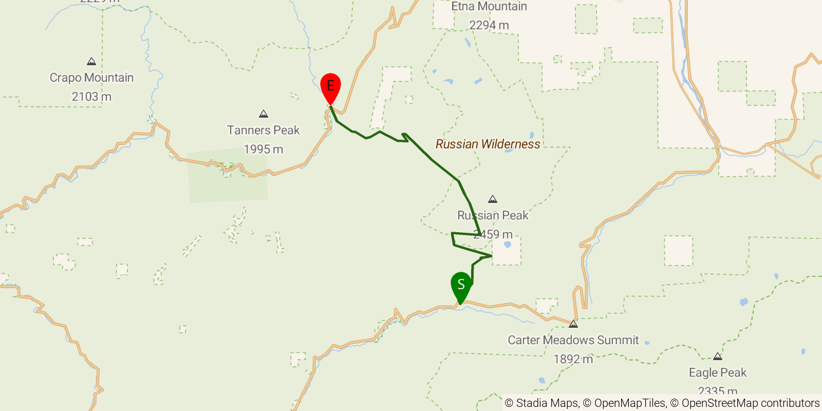Route map of the Bigfoot Trail — Region 4: Russian Wilderness on OpenStreetMap terrain