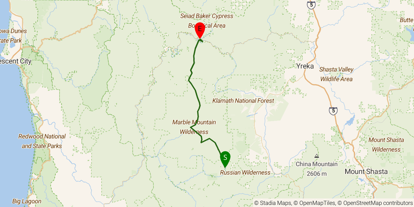 Route map of the Bigfoot Trail — Region 5: Marble Mountain on OpenStreetMap terrain