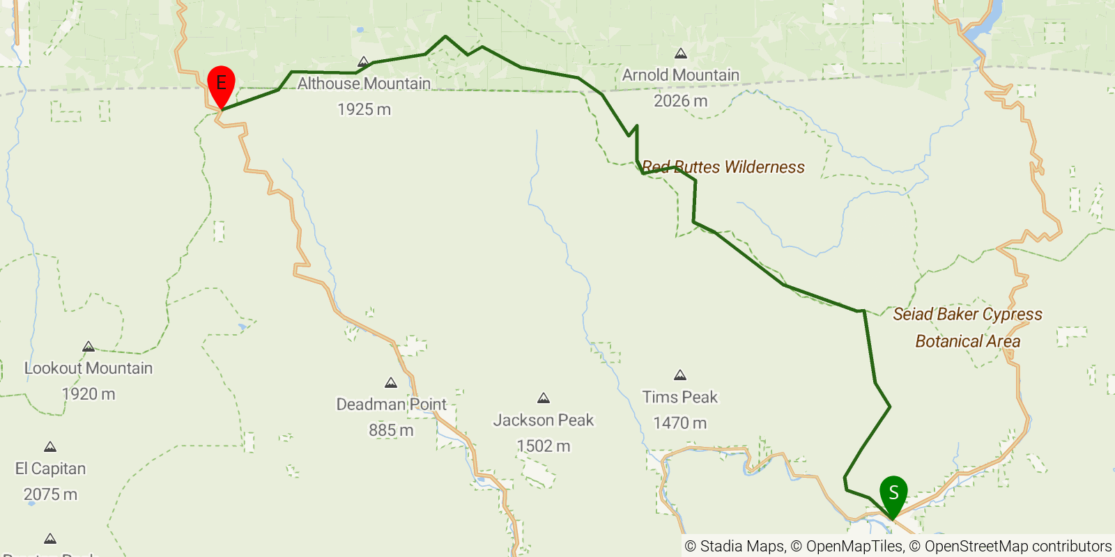 Route map of the Bigfoot Trail — Region 6: Red Buttes on OpenStreetMap terrain