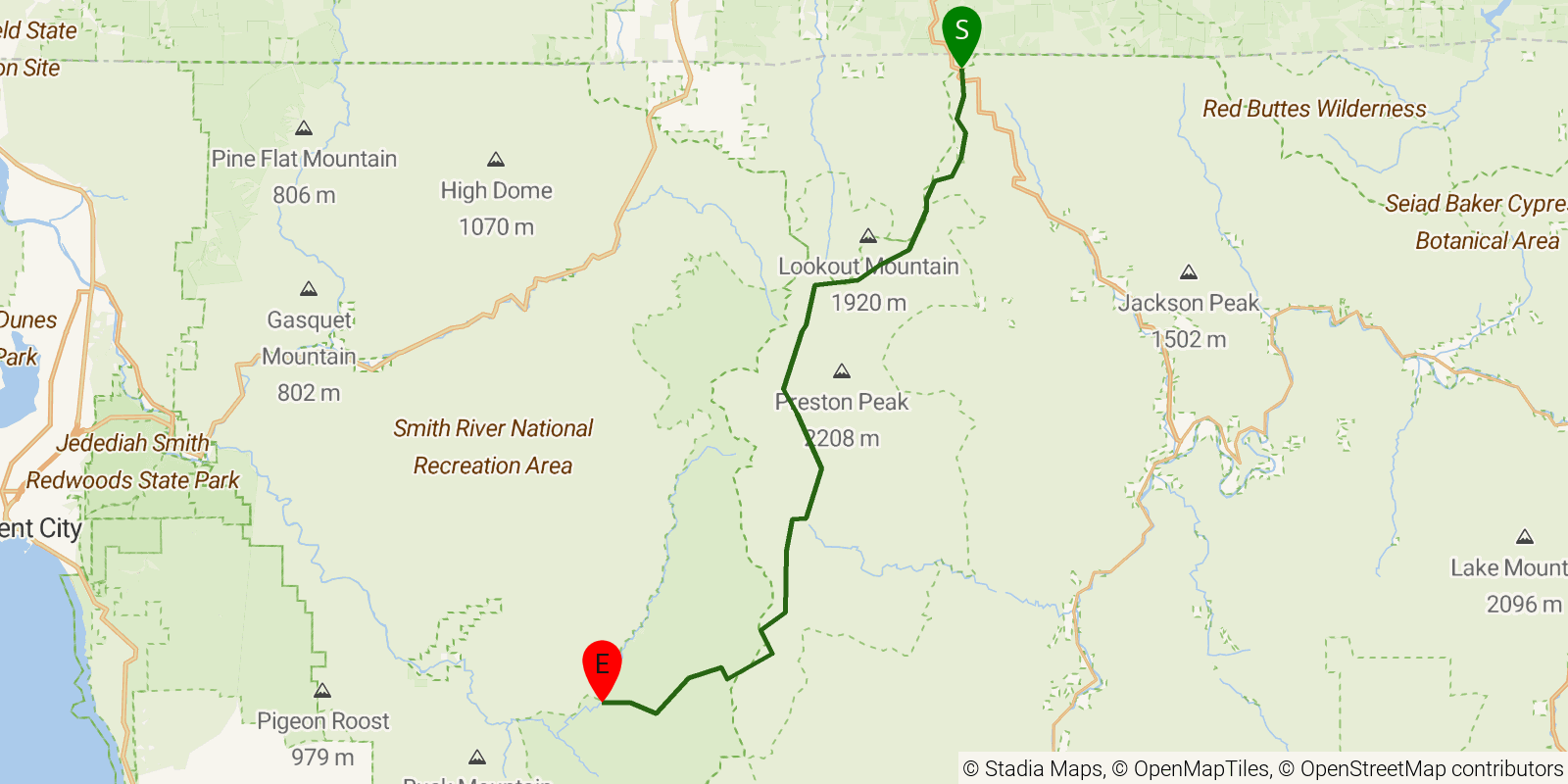Route map of the Bigfoot Trail — Region 7: Siskiyou on OpenStreetMap terrain