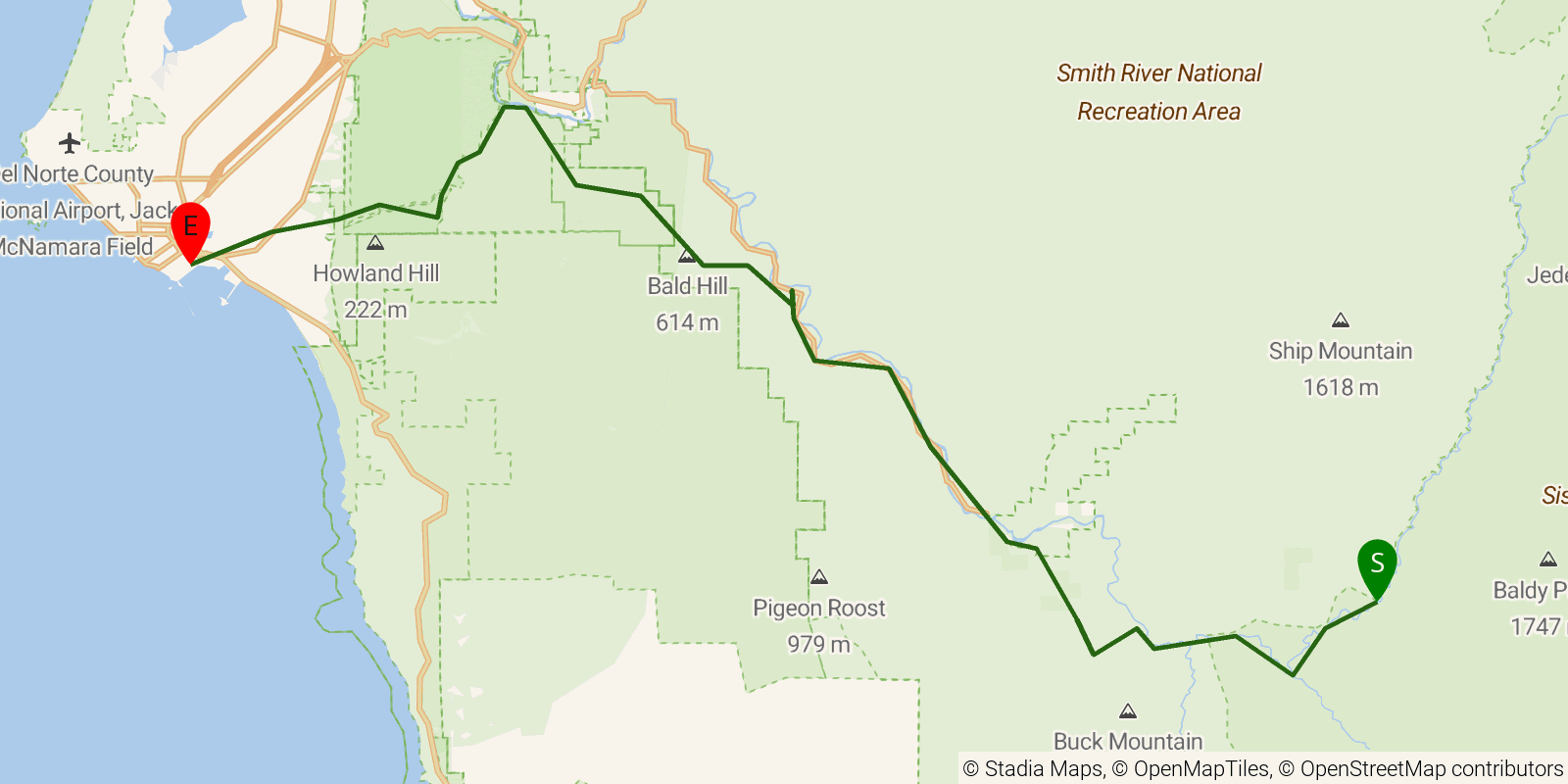 Route map of the Bigfoot Trail — Region 8: Redwood Forest on OpenStreetMap terrain