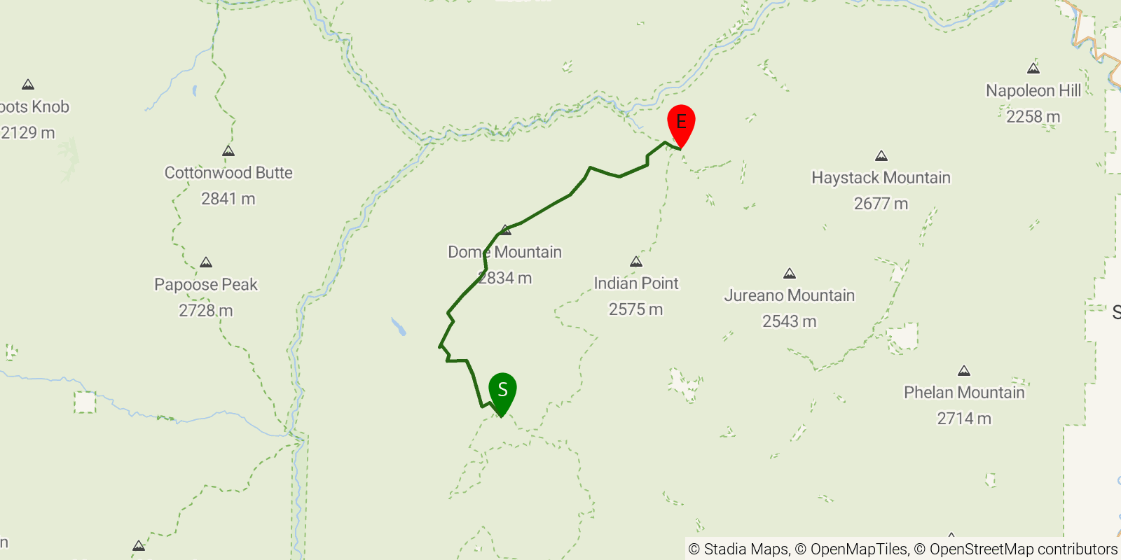 Route map of the Bighorn Crags Trail on OpenStreetMap terrain