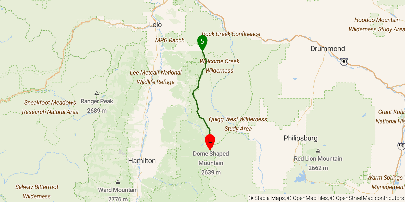 Route map of the Bitterroot-Rock Creek Divide Trail on OpenStreetMap terrain