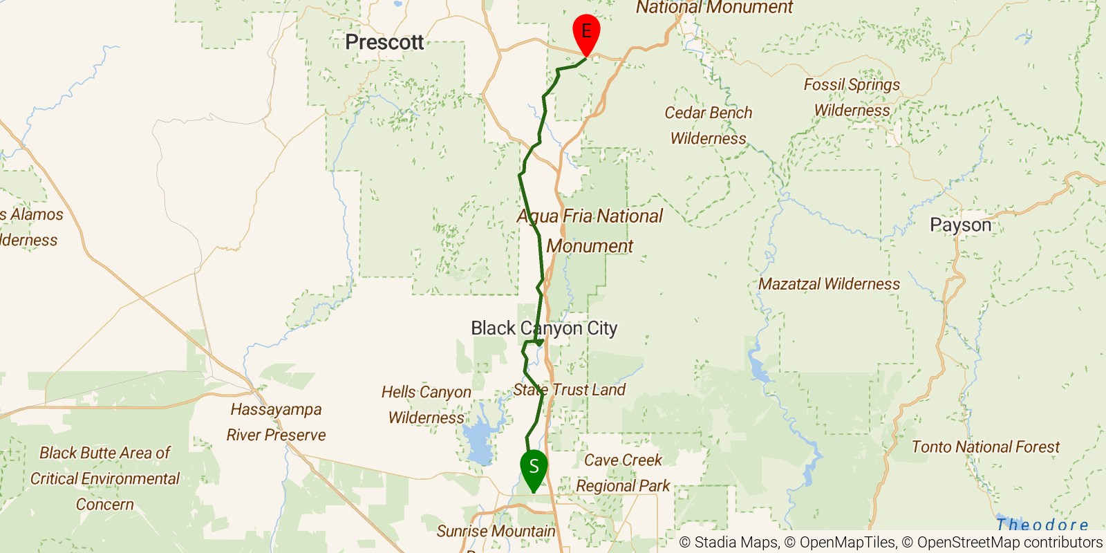 Route map of the Black Canyon National Recreation Trail on OpenStreetMap terrain