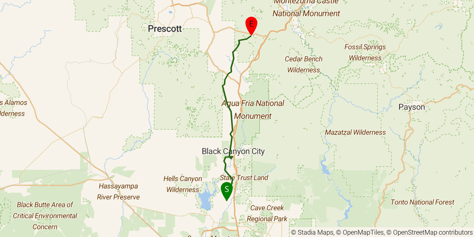 Route map of the Black Canyon Trail on OpenStreetMap terrain