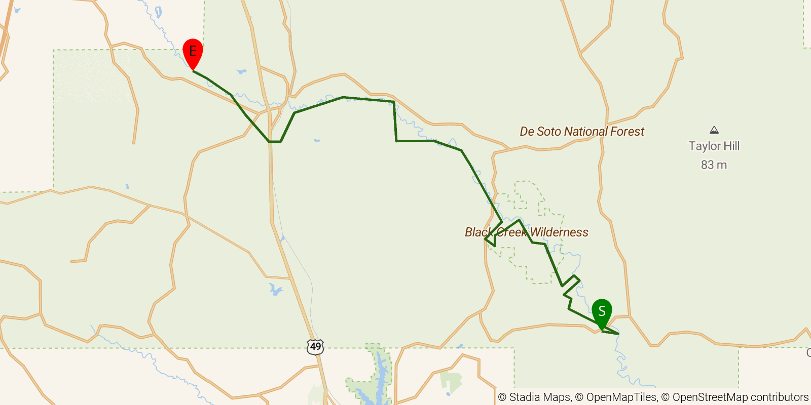 Route map of the Black Creek Trail on OpenStreetMap terrain