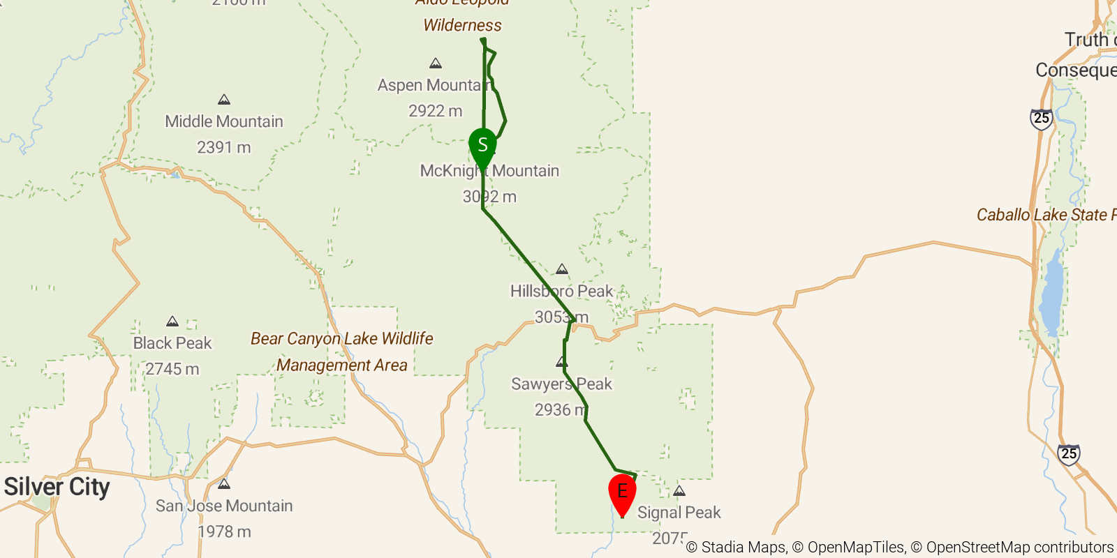Route map of the Black Range Crest Trail on OpenStreetMap terrain