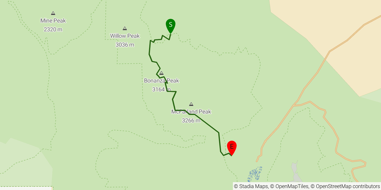 Route map of the Bonanza Trail on OpenStreetMap terrain