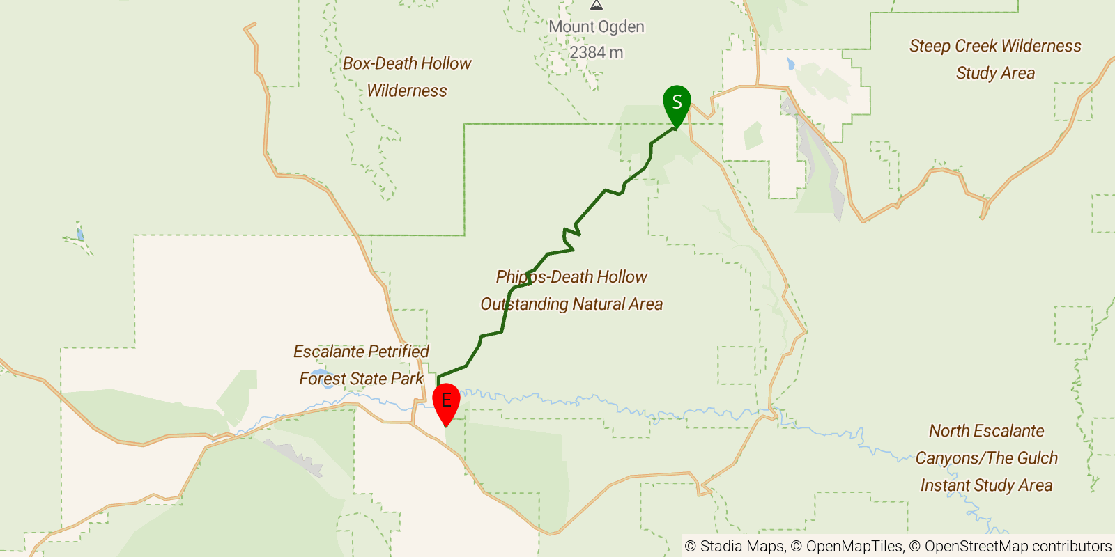 Route map of the Boulder Mail Trail on OpenStreetMap terrain