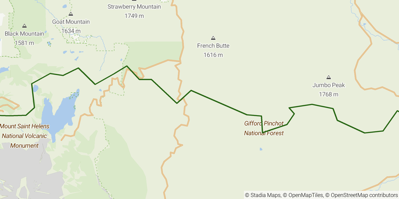 Route map of the Boundary Trail (Mount St. Helens) on OpenStreetMap terrain